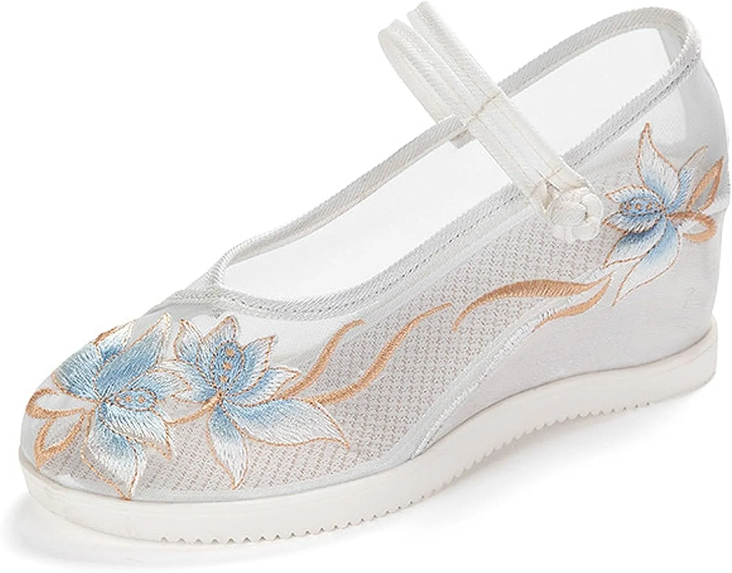 Elegant Women's Embroidery Ankle Strap Hidden Wedge Shoes Summer Breathable Mesh Sandals Chinese Style Casual Lightweight