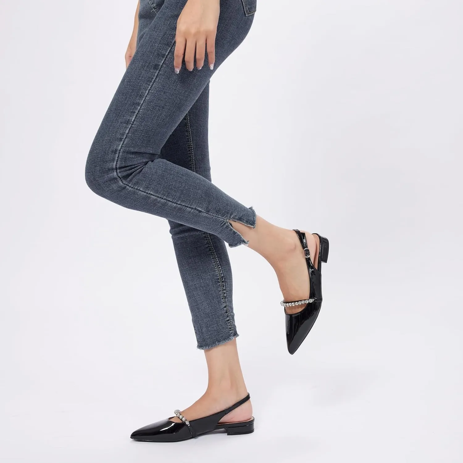 Elisabet Tang Women Slingback Flats with Rhinestone Pointed Toe Flats for Women Dressy Shoes