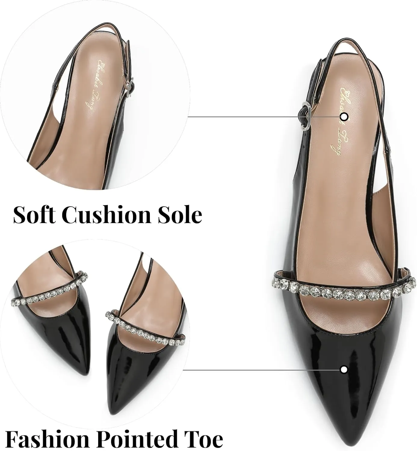 Elisabet Tang Women Slingback Flats with Rhinestone Pointed Toe Flats for Women Dressy Shoes