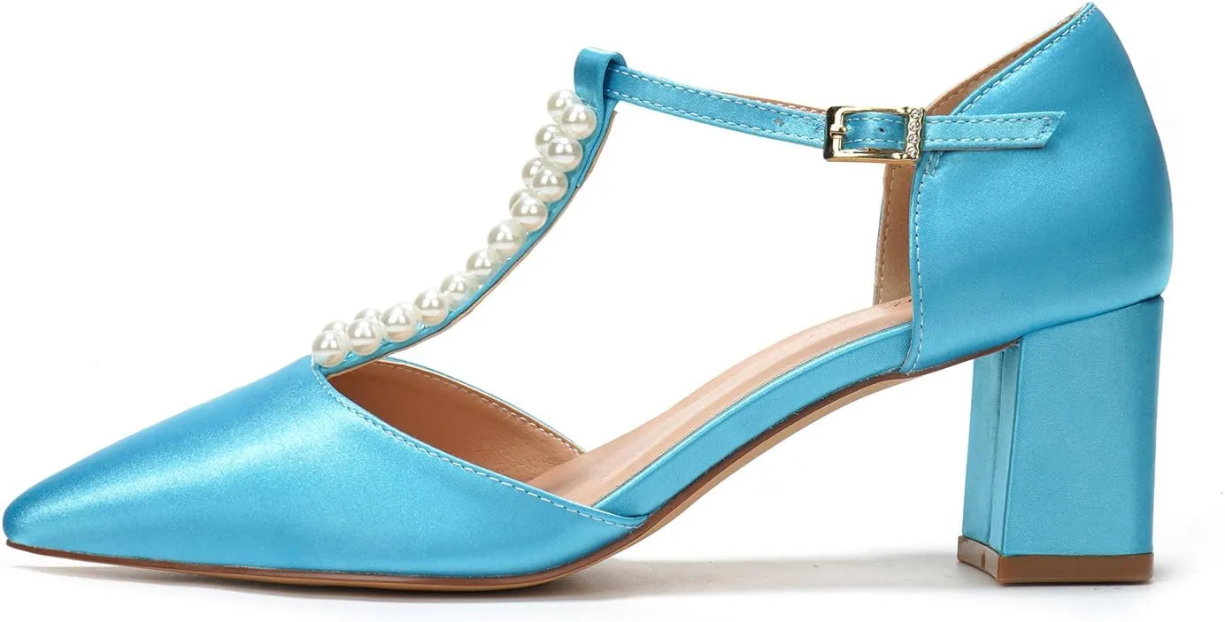 Elivandon J1587 Women's Satin Pointed Toe Mid-Heel Evening Sandals 2.36 inches Block Heel Bridal Party Wedding Pumps with Double Pearl T-Strap