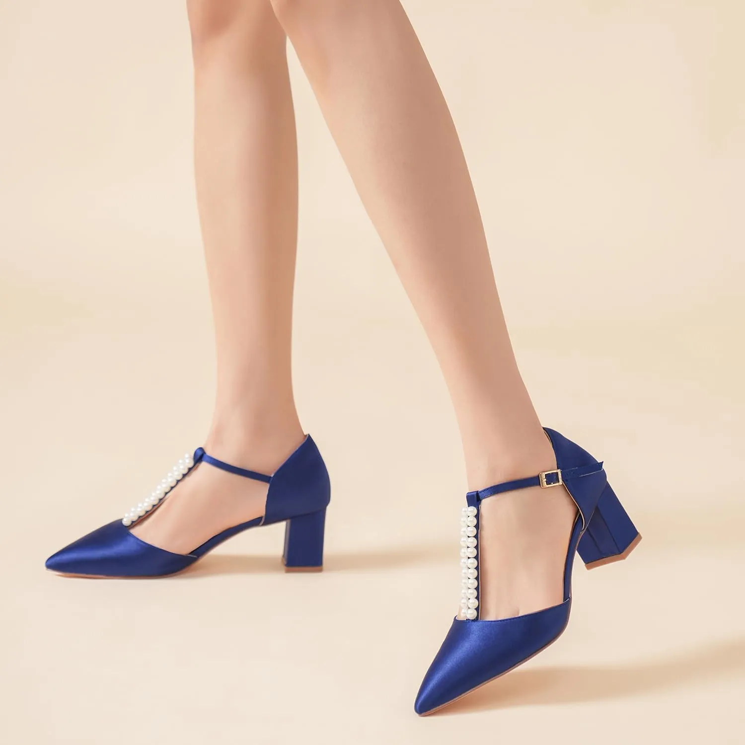 Elivandon J1587 Women's Satin Pointed Toe Mid-Heel Evening Sandals 2.36 inches Block Heel Bridal Party Wedding Pumps with Double Pearl T-Strap