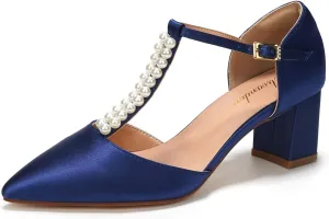 Elivandon J1587 Women's Satin Pointed Toe Mid-Heel Evening Sandals 2.36 inches Block Heel Bridal Party Wedding Pumps with Double Pearl T-Strap
