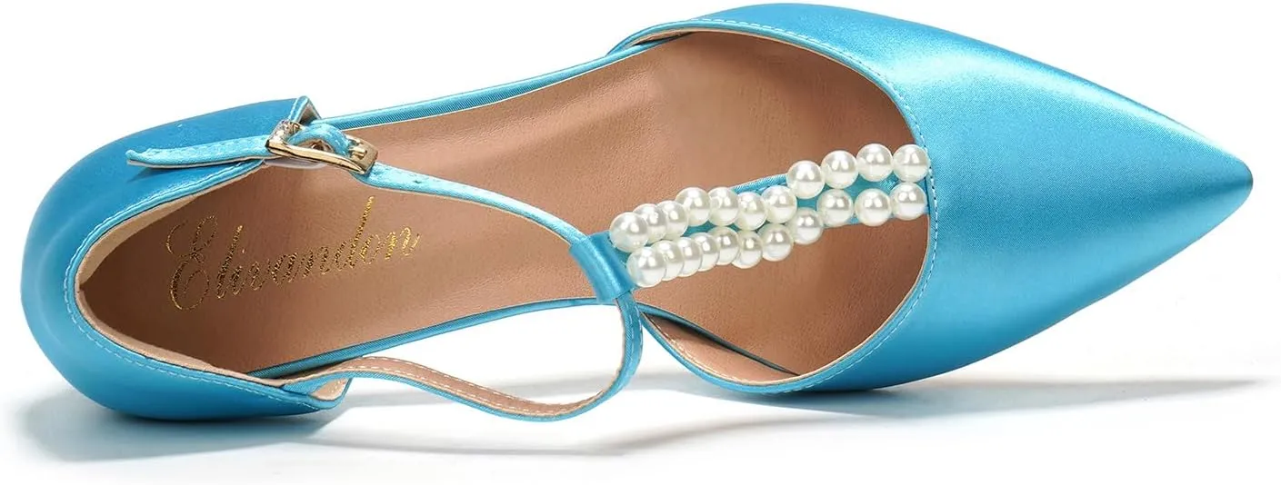 Elivandon J1587 Women's Satin Pointed Toe Mid-Heel Evening Sandals 2.36 inches Block Heel Bridal Party Wedding Pumps with Double Pearl T-Strap