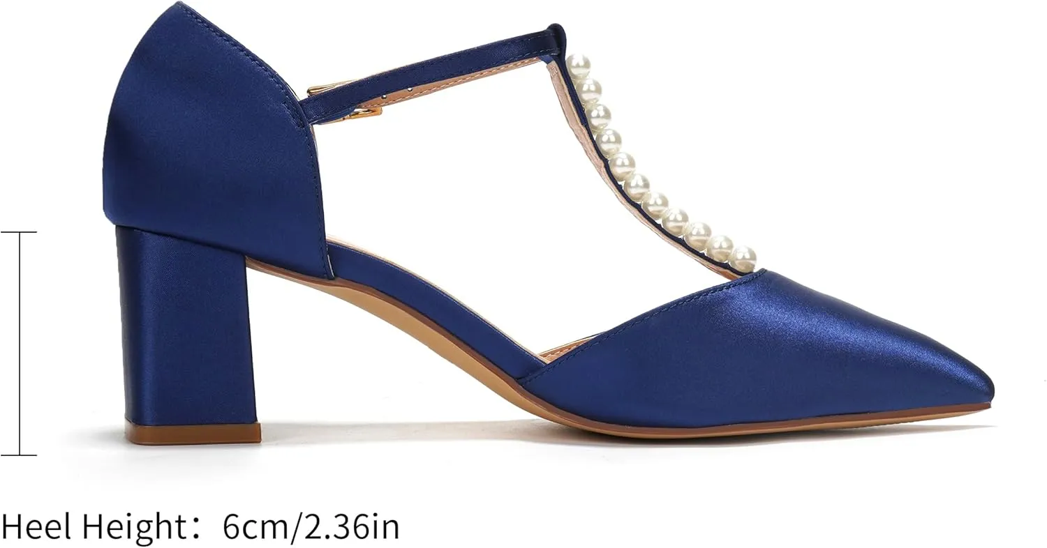 Elivandon J1587 Women's Satin Pointed Toe Mid-Heel Evening Sandals 2.36 inches Block Heel Bridal Party Wedding Pumps with Double Pearl T-Strap