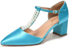 Elivandon J1587 Women's Satin Pointed Toe Mid-Heel Evening Sandals 2.36 inches Block Heel Bridal Party Wedding Pumps with Double Pearl T-Strap