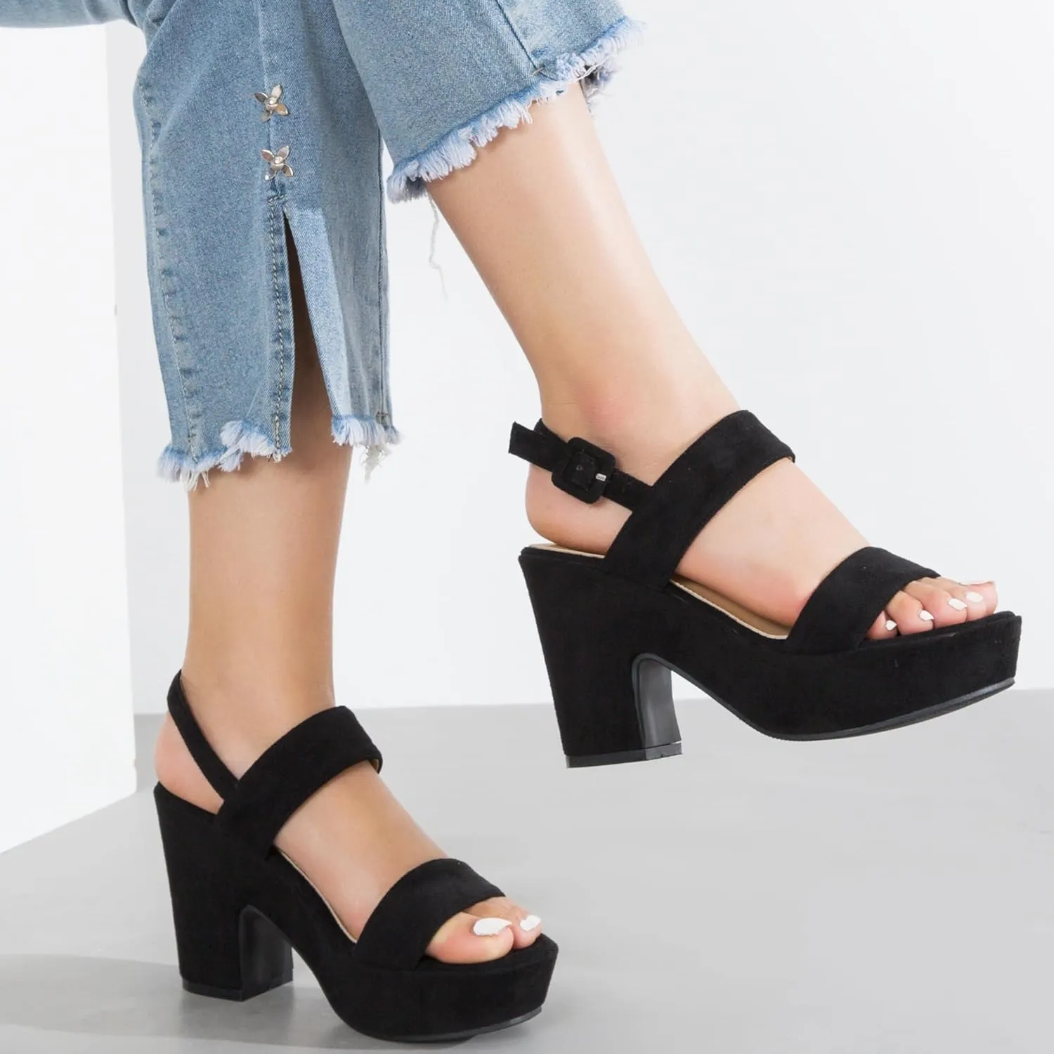 Enelauge Women's Platform Heels Sandals Block Chunky High Heeled Suede Wedges Sandal Open toe Ankle Strap Wedding Party Dress Pumps