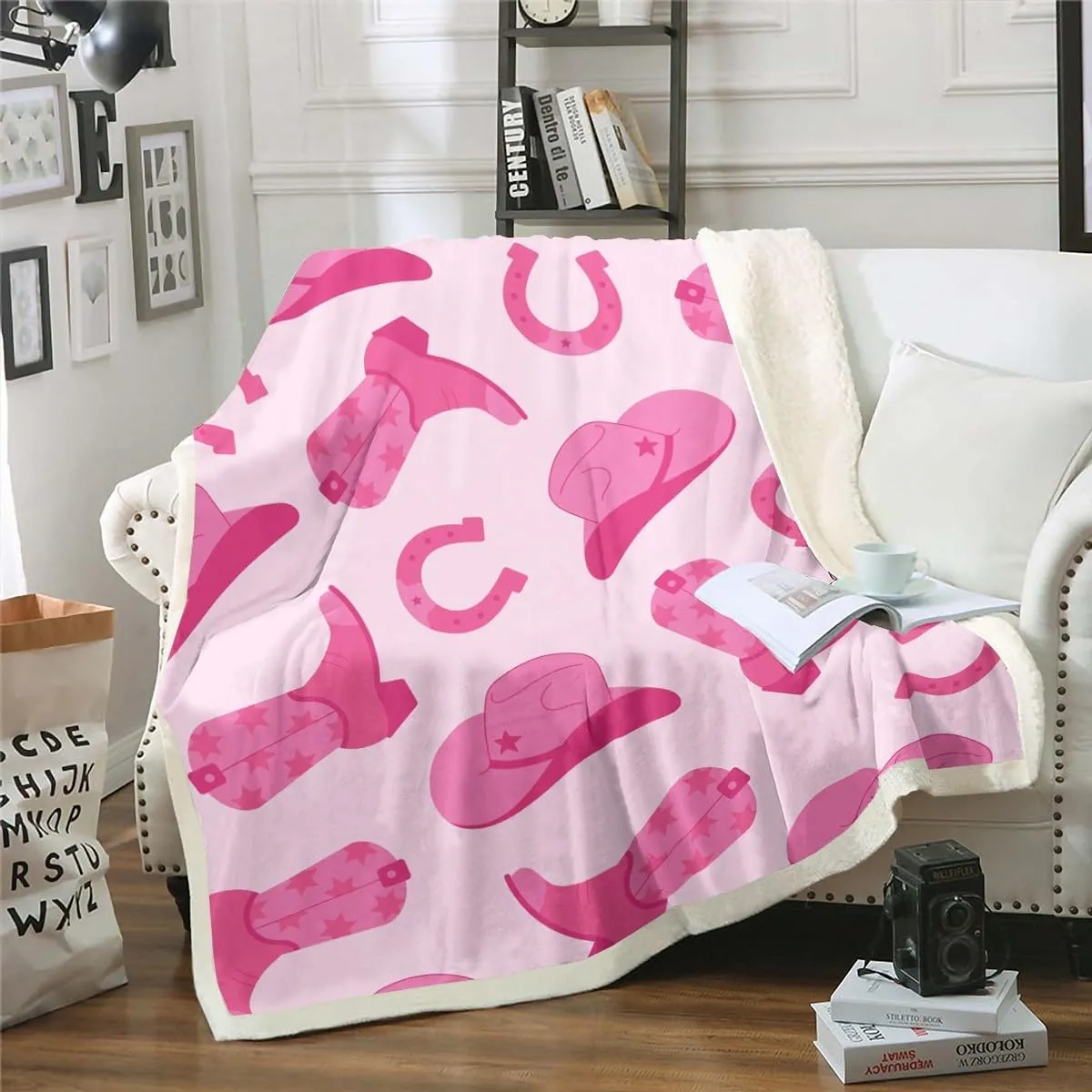 Erosebridal Cowgirl Throw Blanket Cute Kawaii Pink Cowgirl Throw 50"X60" Fleece Blanket Gifts For Girls Women Cowboy Hat Boots Horseshoe Lightweight Sherpa Fuzzy Blankets Wild West Decor For Bed Couch