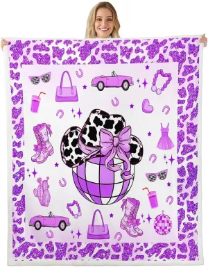 Erosebridal Cowgirl Throw Blanket Throw 50x60 Inch for Bedroom Living Room Sofa,Cow Pattern Hat Fleece Blanket,Western Cowboy Fuzzy Blankets,Purple Stars Boots Sherpa Blankets