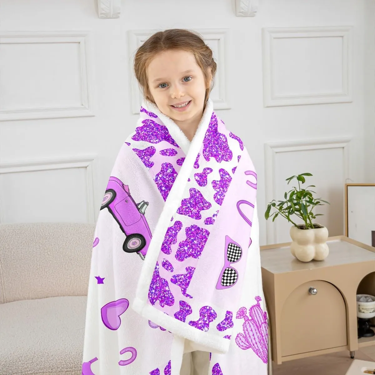 Erosebridal Cowgirl Throw Blanket Throw 50x60 Inch for Bedroom Living Room Sofa,Cow Pattern Hat Fleece Blanket,Western Cowboy Fuzzy Blankets,Purple Stars Boots Sherpa Blankets