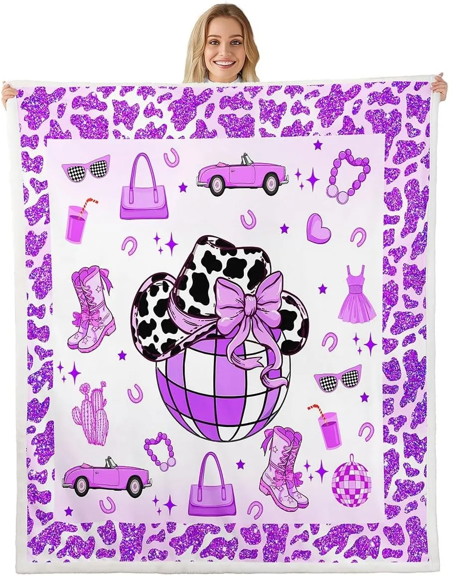 Erosebridal Cowgirl Throw Blanket Throw 50x60 Inch for Bedroom Living Room Sofa,Cow Pattern Hat Fleece Blanket,Western Cowboy Fuzzy Blankets,Purple Stars Boots Sherpa Blankets