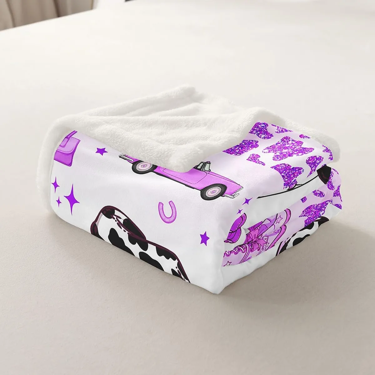 Erosebridal Cowgirl Throw Blanket Throw 50x60 Inch for Bedroom Living Room Sofa,Cow Pattern Hat Fleece Blanket,Western Cowboy Fuzzy Blankets,Purple Stars Boots Sherpa Blankets