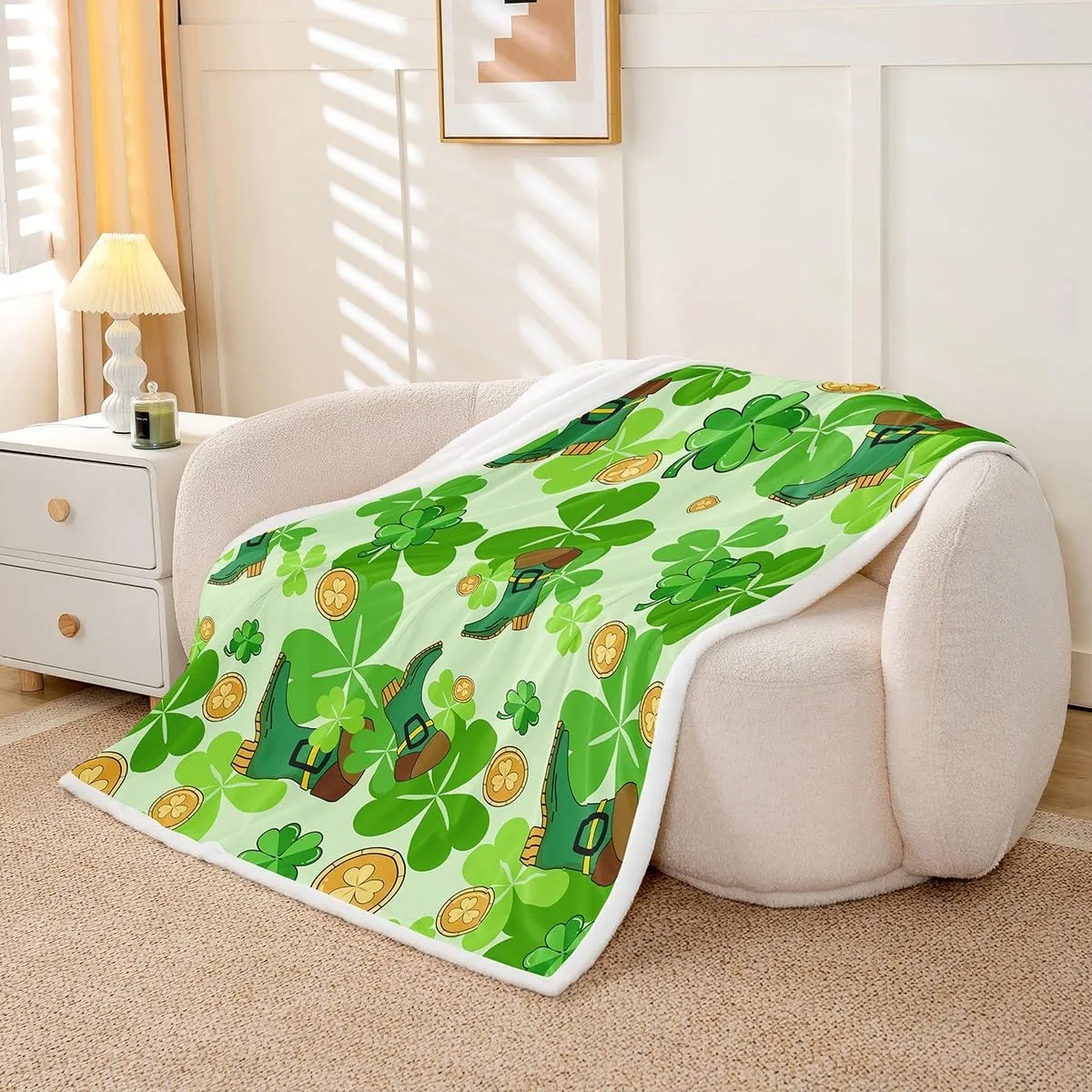 Erosebridal Happy St. Patrick's Day Sherpa Blankets Baby 30"X40" Lucky Four Leaf Clover Design Fleece Blankets for Kids Boys Girls Bed,Green Boots Throw Blanket Nature Botanical Fuzzy Blanket