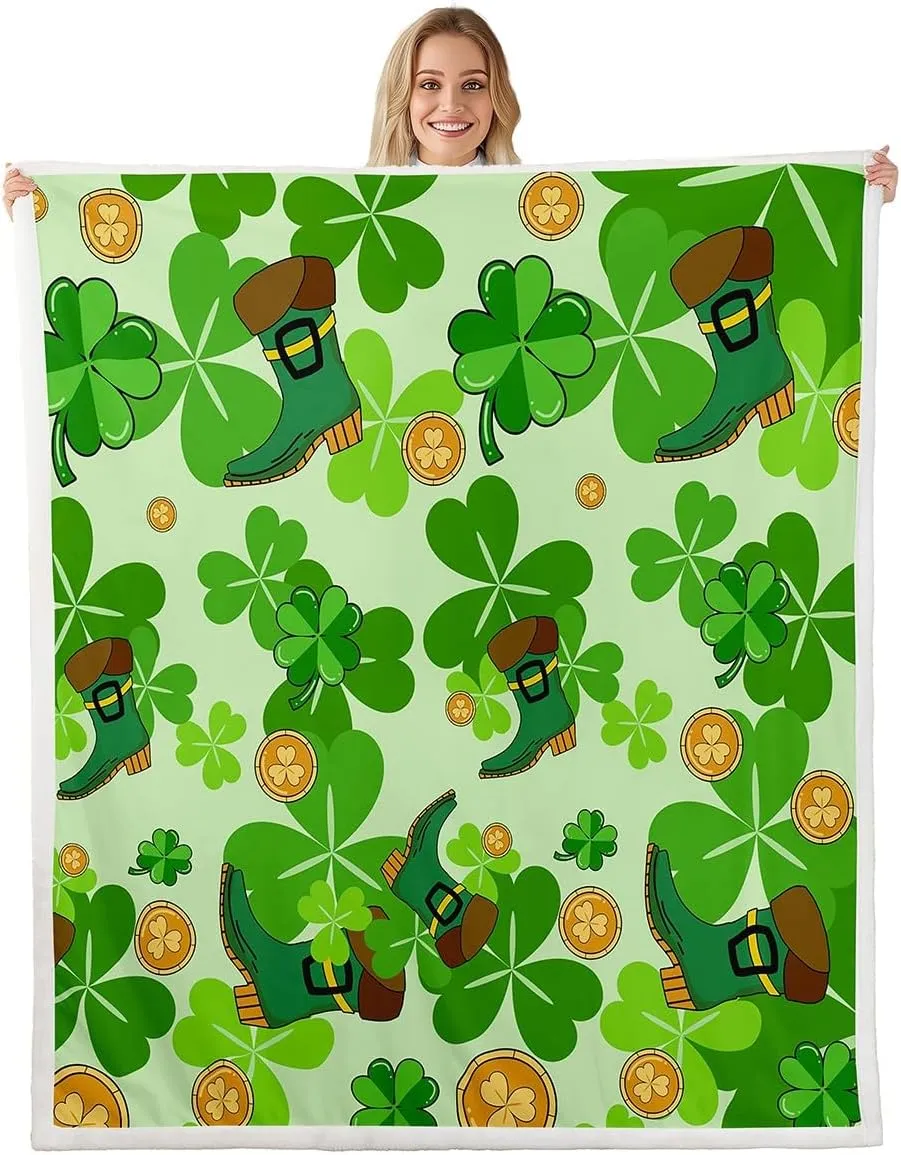 Erosebridal Happy St. Patrick's Day Sherpa Blankets Queen 90"X90" Lucky Four Leaf Clover Design Fleece Blankets for Kids Boys Girls Bed,Green Boots Throw Blanket Nature Botanical Fuzzy Blanket