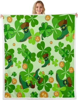 Erosebridal Happy St. Patrick's Day Sherpa Blankets Queen 90"X90" Lucky Four Leaf Clover Design Fleece Blankets for Kids Boys Girls Bed,Green Boots Throw Blanket Nature Botanical Fuzzy Blanket