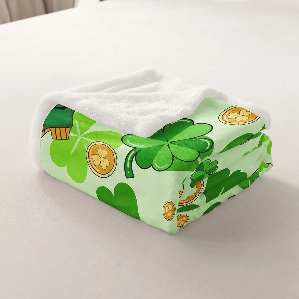 Erosebridal Happy St. Patrick's Day Sherpa Blankets Queen 90"X90" Lucky Four Leaf Clover Design Fleece Blankets for Kids Boys Girls Bed,Green Boots Throw Blanket Nature Botanical Fuzzy Blanket