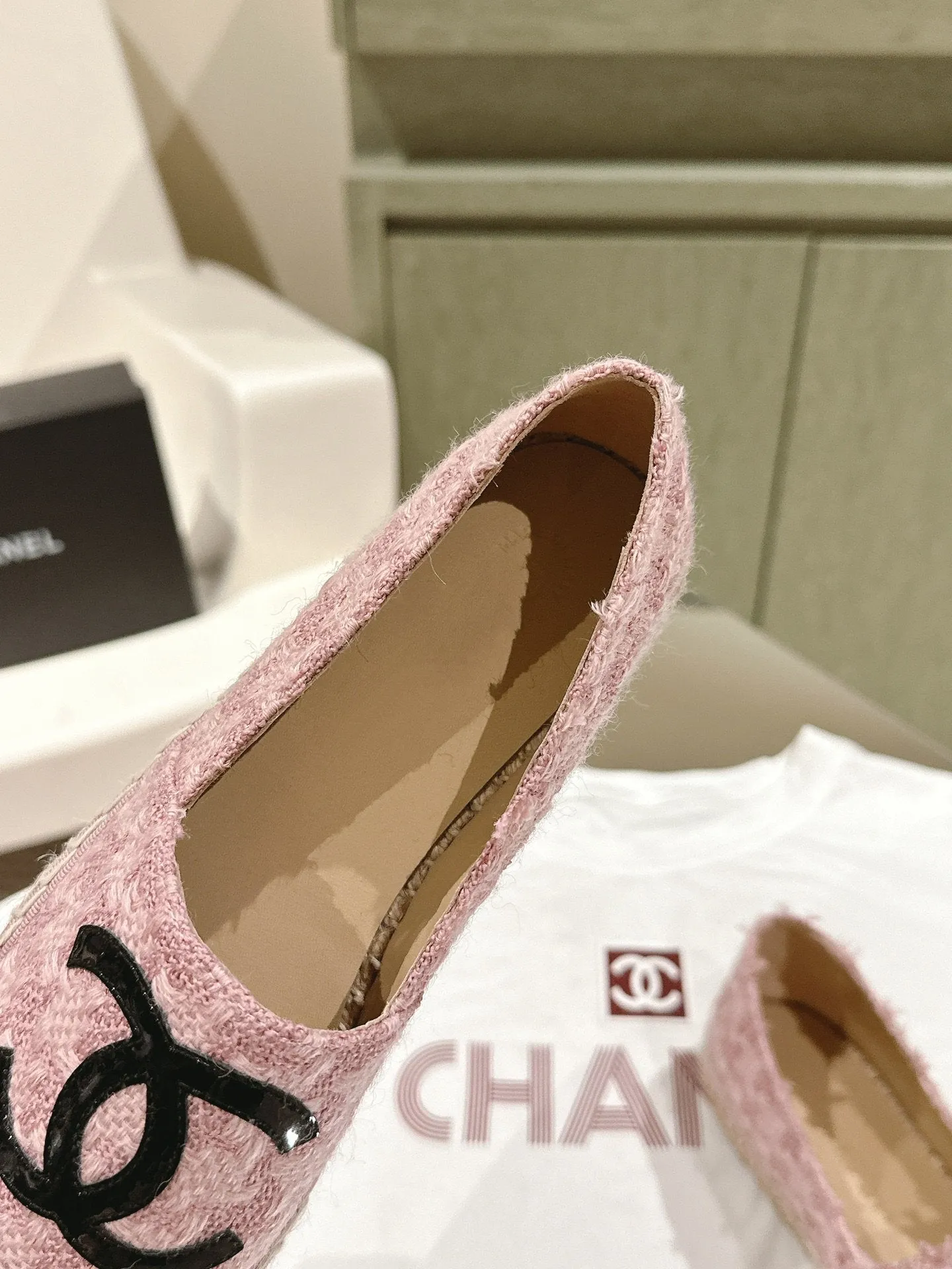 espadrilles pink tweed black patent calfskin