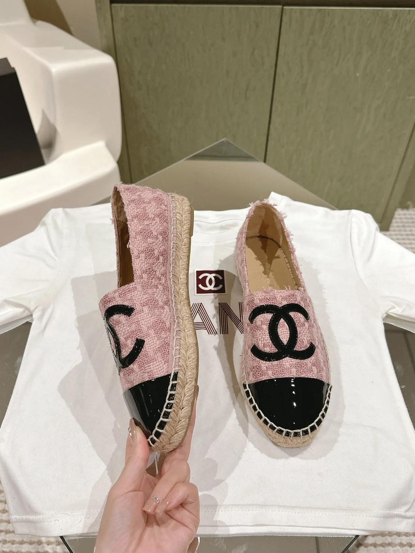 espadrilles pink tweed black patent calfskin