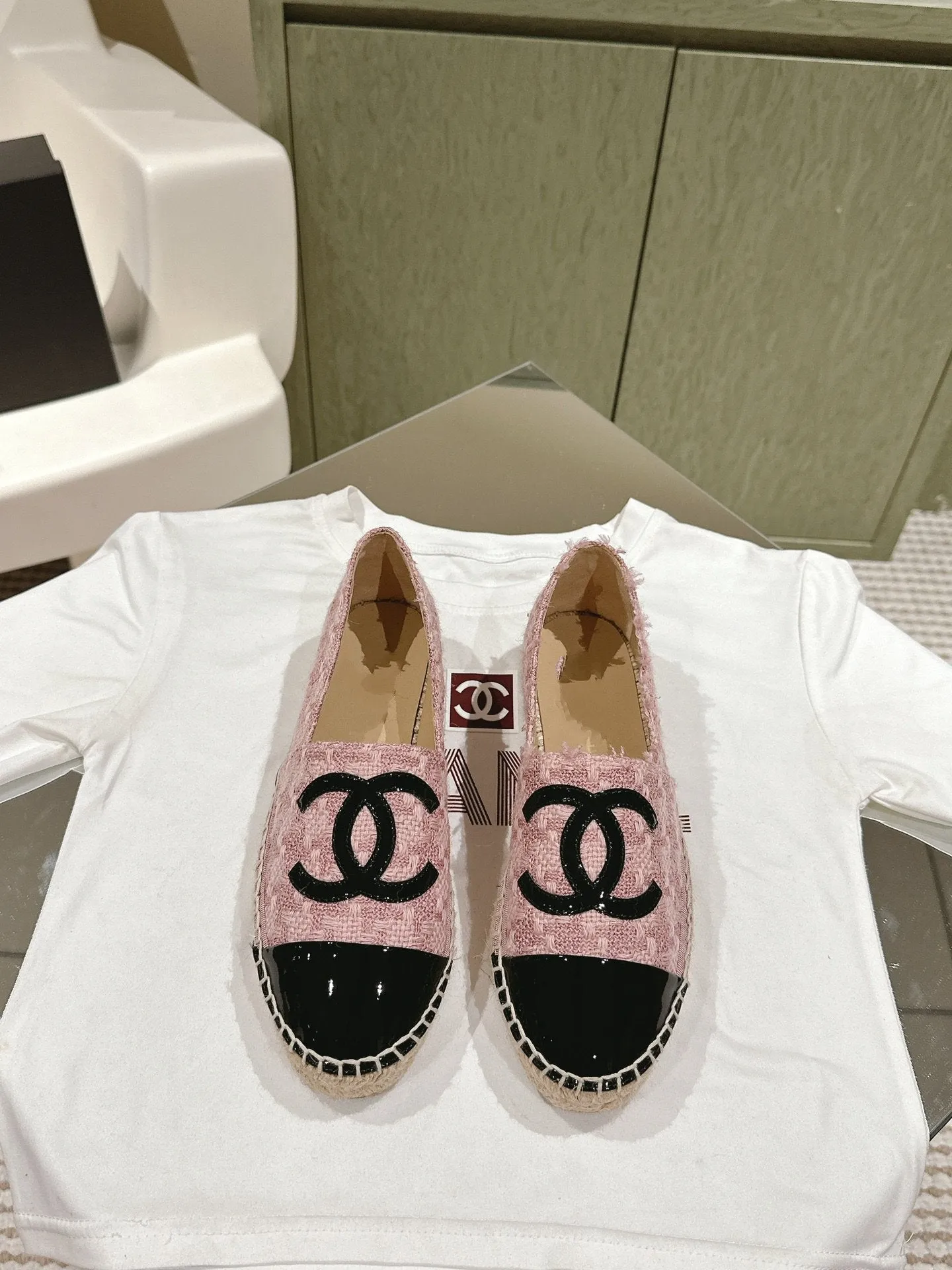 espadrilles pink tweed black patent calfskin