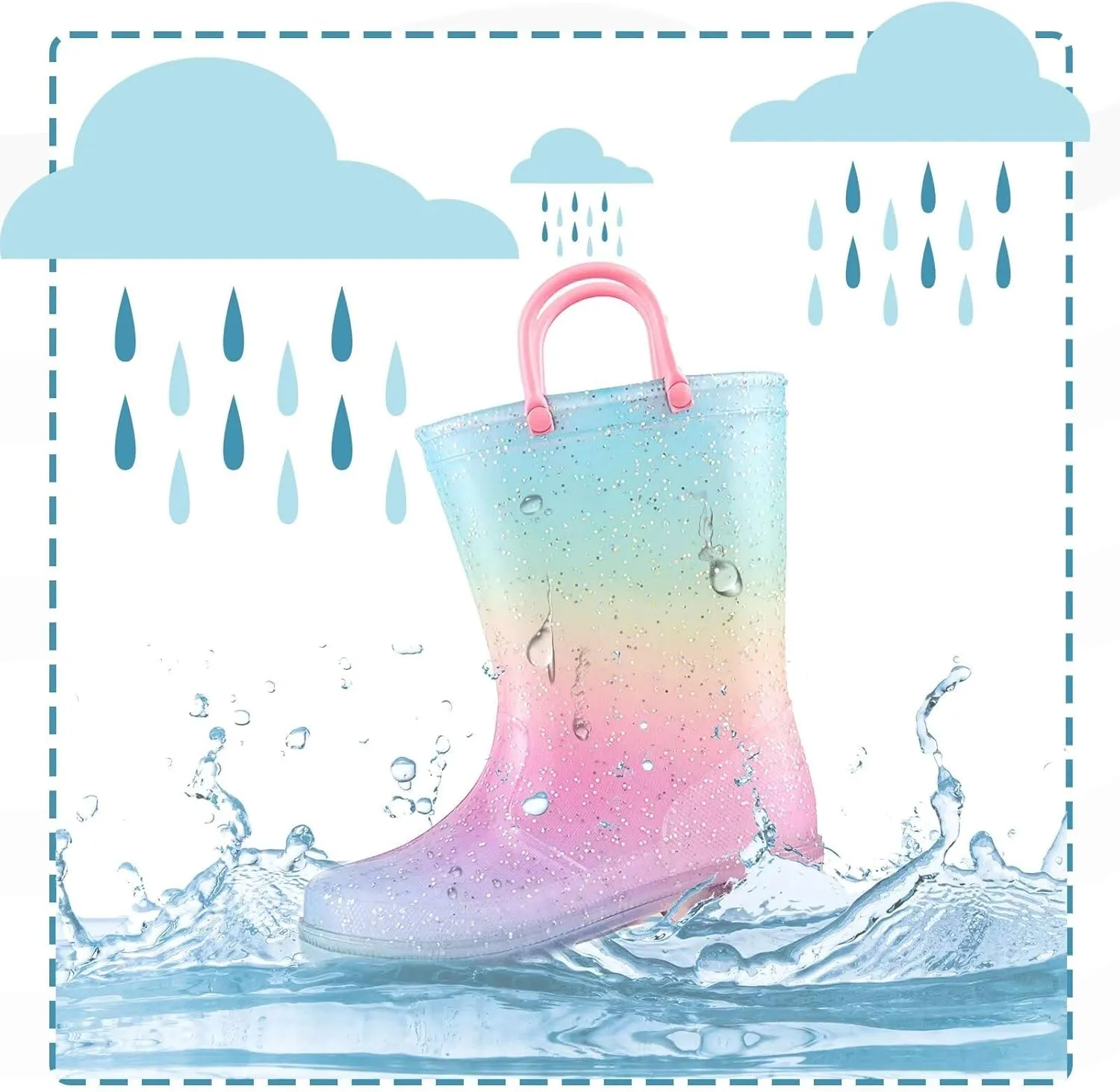 EUXTERPA Girls Glitter Light Up Waterproof Rain Boots Toddler Kids Rainbow Boots with Easy On Handles