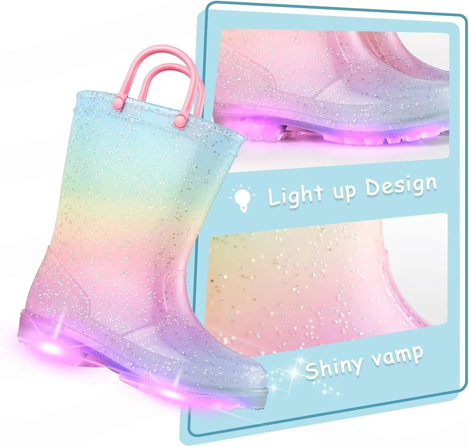 EUXTERPA Girls Glitter Light Up Waterproof Rain Boots Toddler Kids Rainbow Boots with Easy On Handles