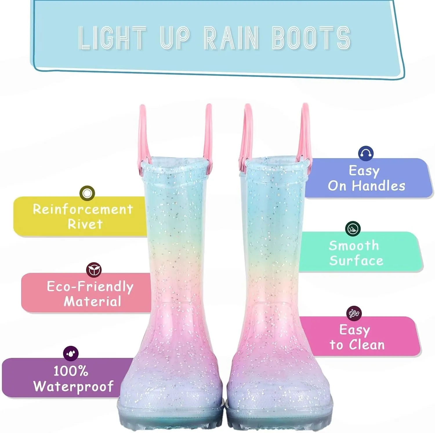 EUXTERPA Girls Glitter Light Up Waterproof Rain Boots Toddler Kids Rainbow Boots with Easy On Handles