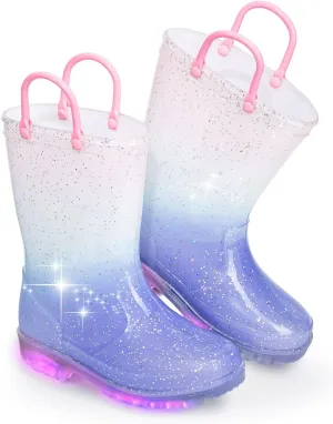 EUXTERPA Girls Glitter Light Up Waterproof Rain Boots Toddler Kids Rainbow Boots with Easy On Handles