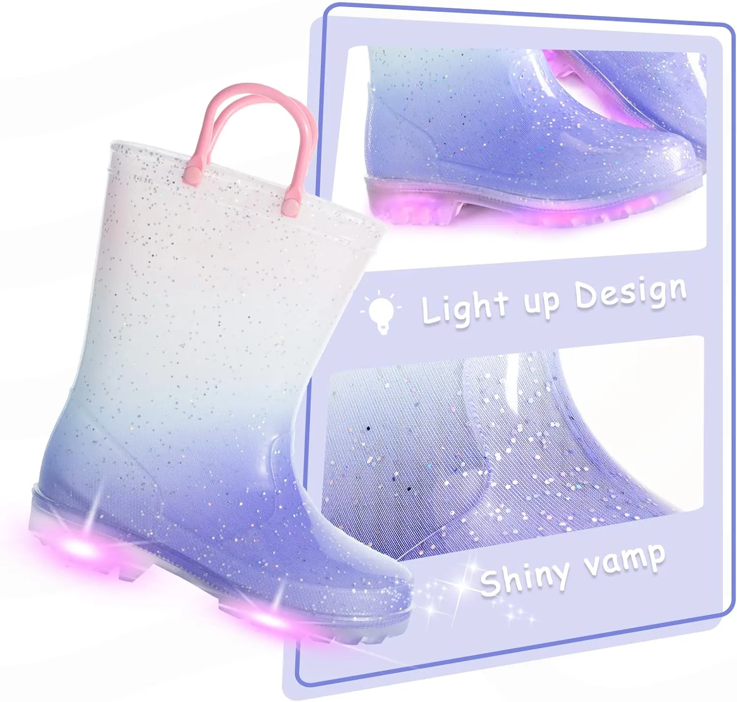 EUXTERPA Girls Glitter Light Up Waterproof Rain Boots Toddler Kids Rainbow Boots with Easy On Handles