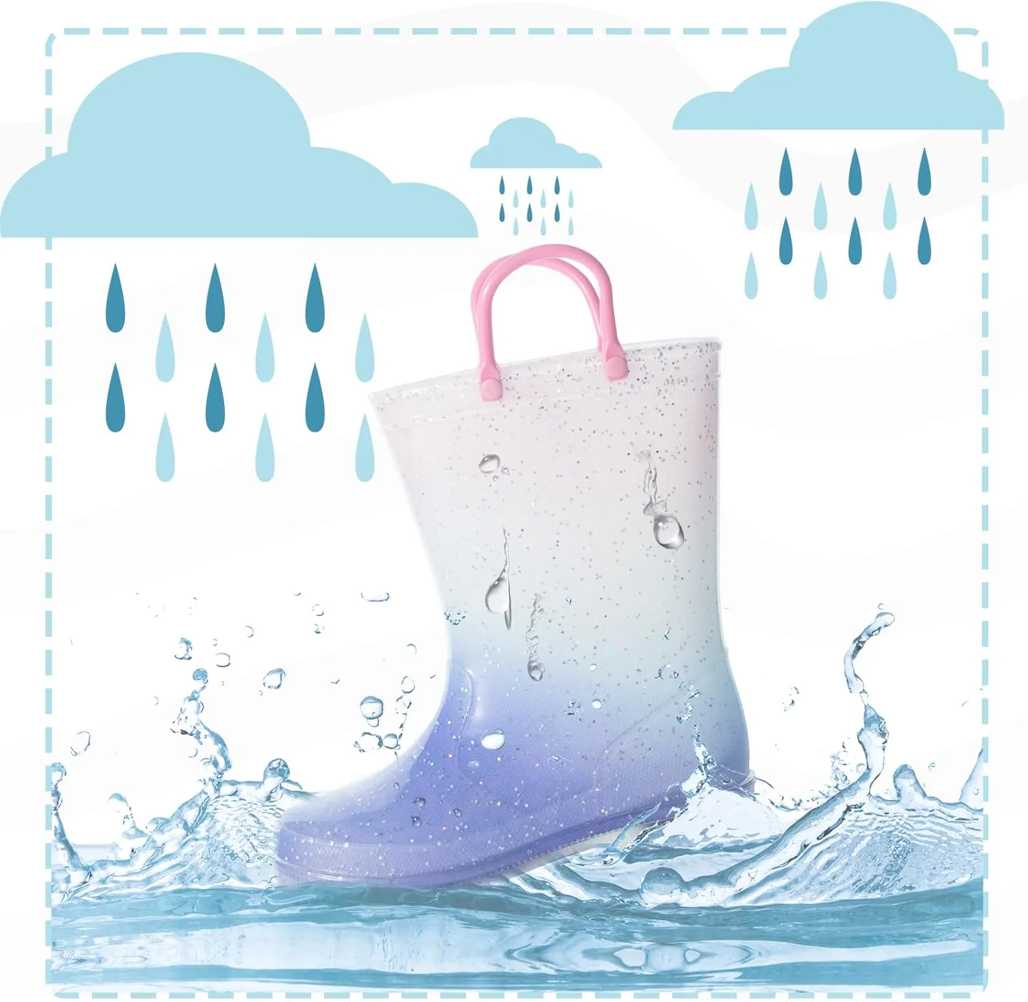 EUXTERPA Girls Glitter Light Up Waterproof Rain Boots Toddler Kids Rainbow Boots with Easy On Handles