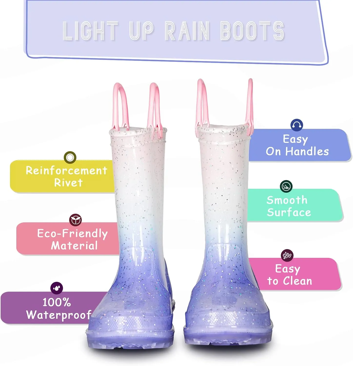 EUXTERPA Girls Glitter Light Up Waterproof Rain Boots Toddler Kids Rainbow Boots with Easy On Handles