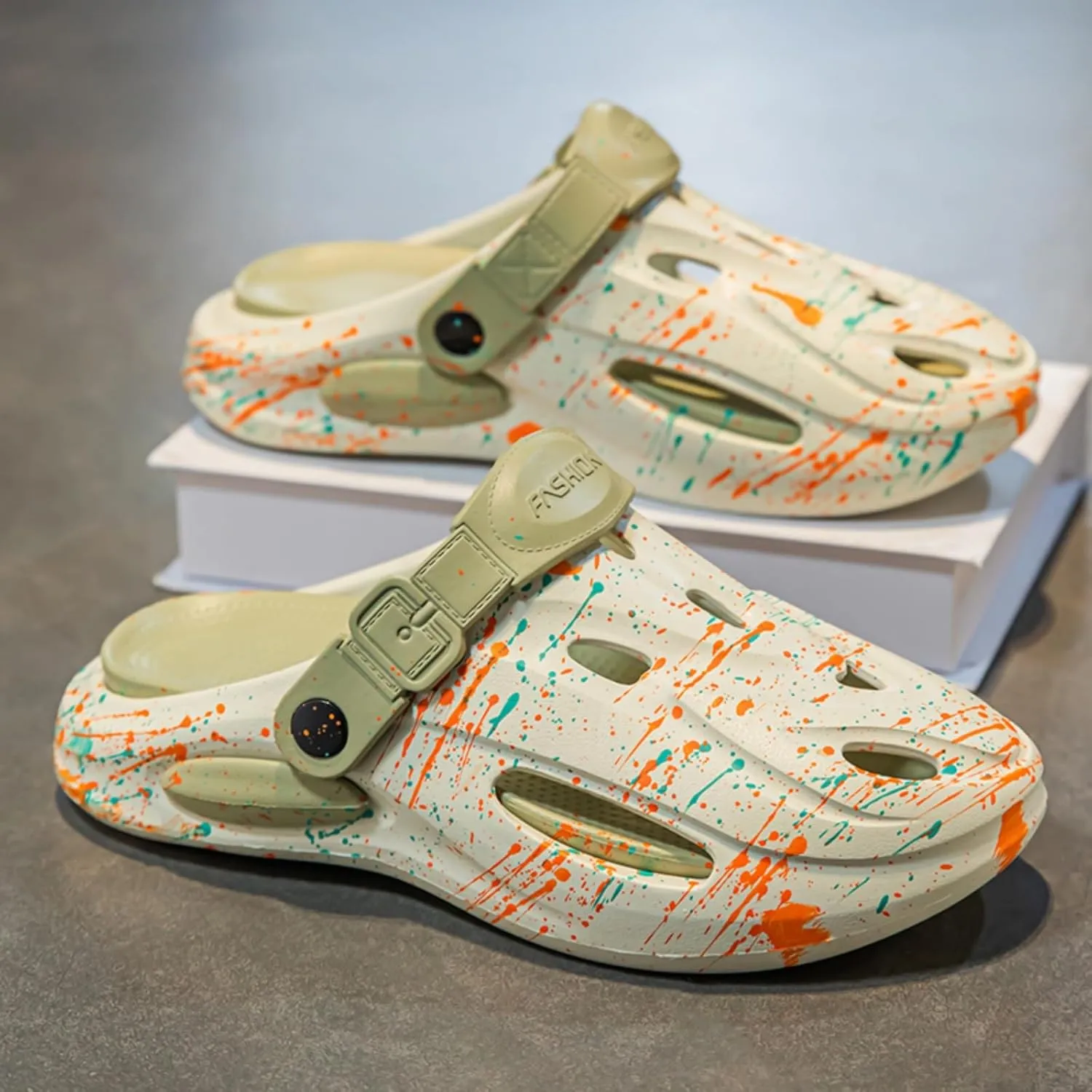 Fashion comfortable platform clogs for men with splash - ink style, made of EVA material,cloud slides, casual slippers, beach shoes, cool sandals