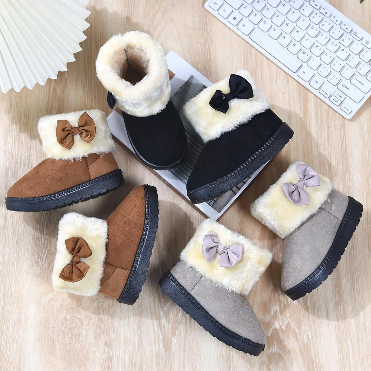 Fashion Winter Bowknot Platform Boots Kids Ankle Boots Toddler Kids Wool Lined Slippers Girls Boys Outdoor Warm Indoor Home Anti Slip Trendy Mini Boots