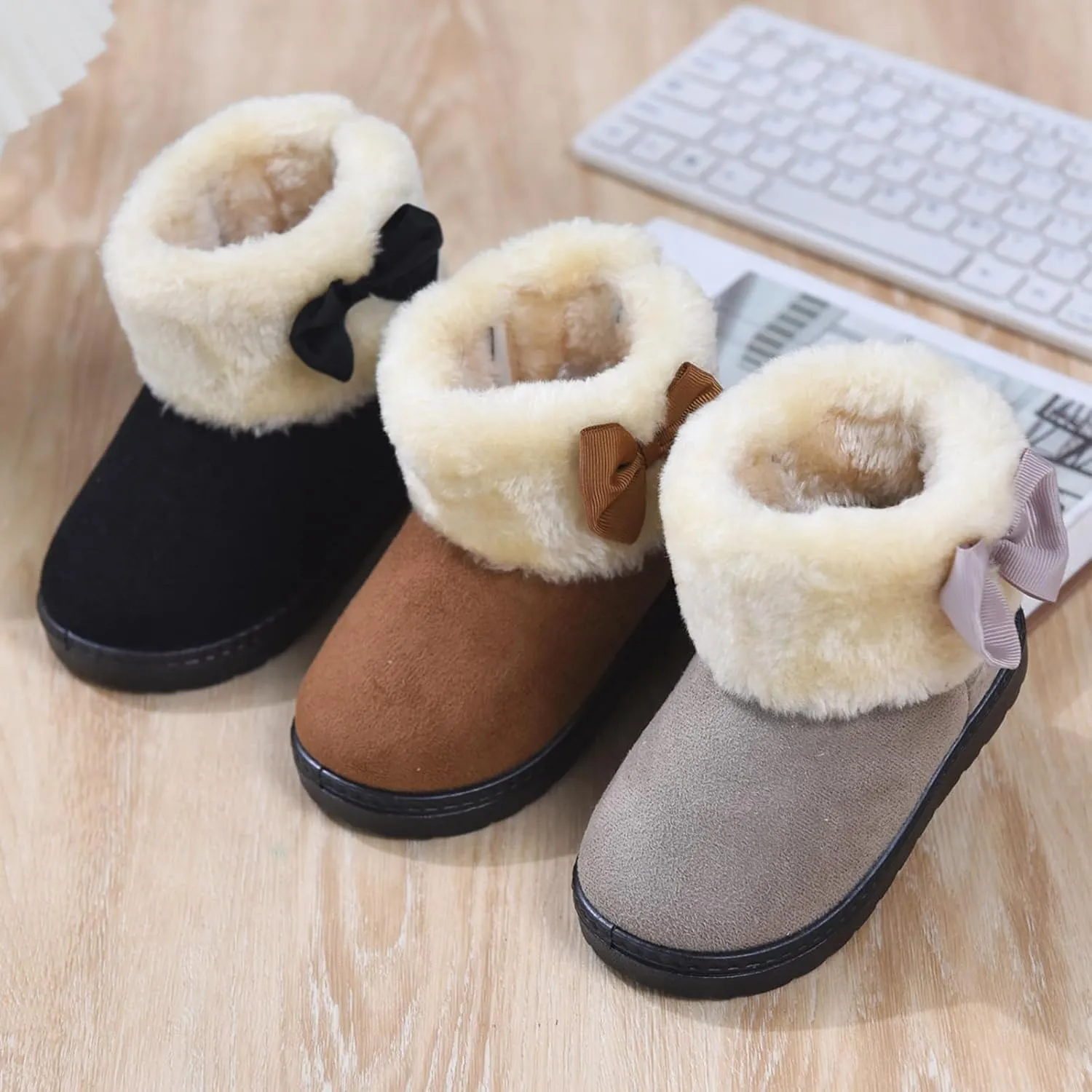 Fashion Winter Bowknot Platform Boots Kids Ankle Boots Toddler Kids Wool Lined Slippers Girls Boys Outdoor Warm Indoor Home Anti Slip Trendy Mini Boots