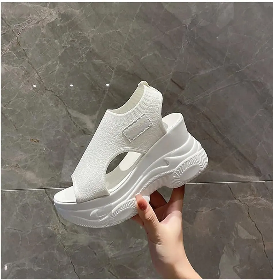 Fashionable Solid Color Platform Sandals, Women's Breathable Non-slip Casual Shoes, Platform Elastic Soft High Heels Walking Slippers