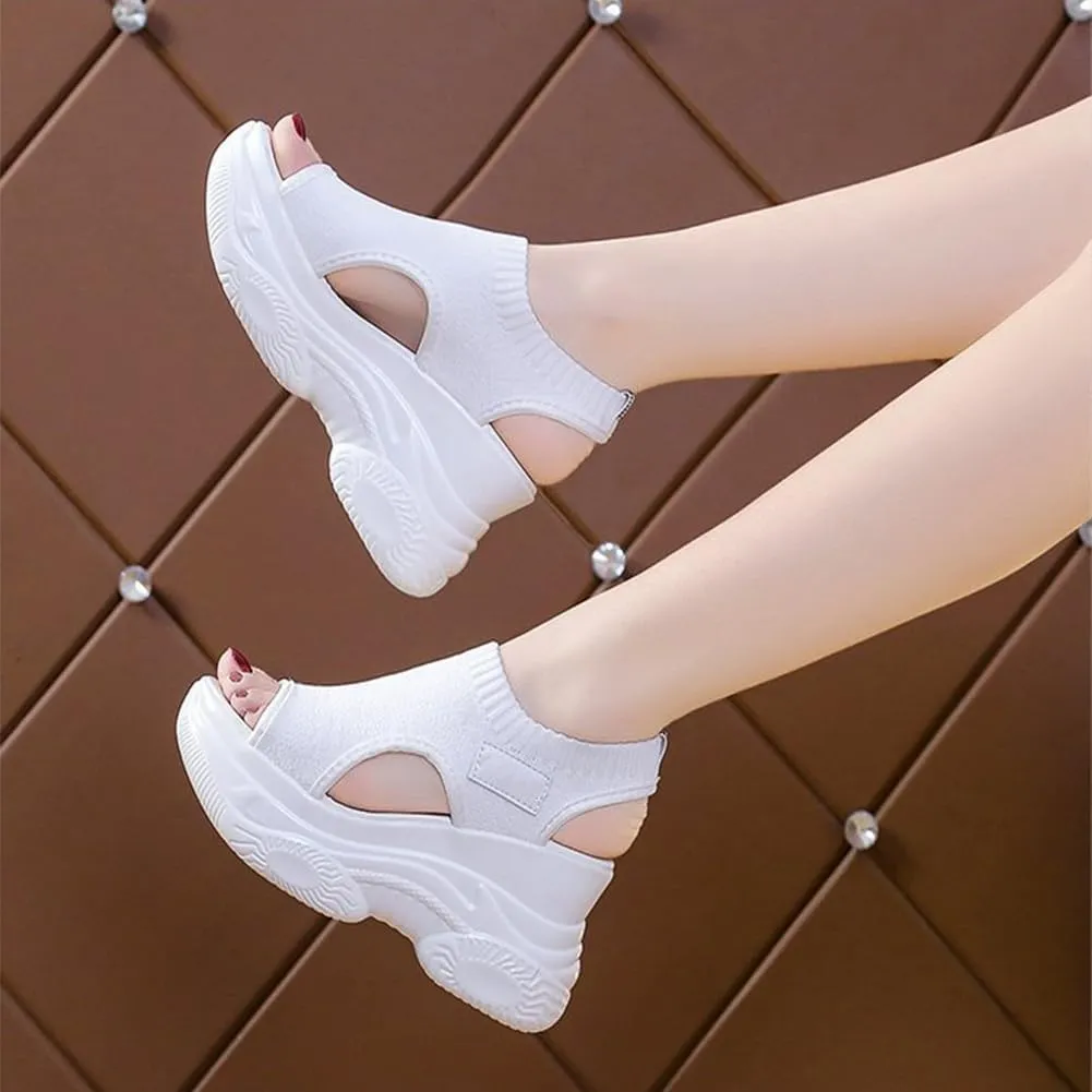 Fashionable Solid Color Platform Sandals, Women's Breathable Non-slip Casual Shoes, Platform Elastic Soft High Heels Walking Slippers