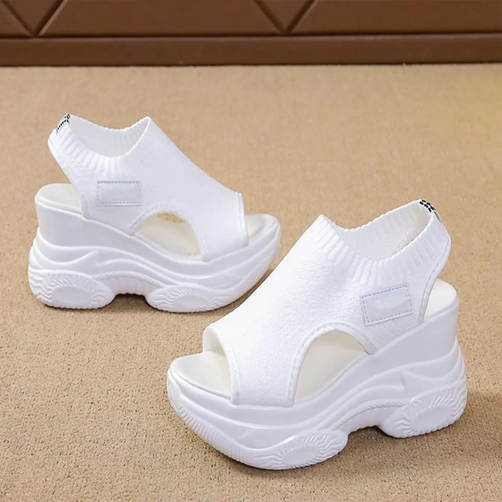 Fashionable Solid Color Platform Sandals, Women's Breathable Non-slip Casual Shoes, Platform Elastic Soft High Heels Walking Slippers