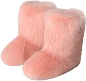 Faux Fur Boots for Women Fuzzy Fluffy Furry Round Toe Suede Winter Comfy Plush Warm Short Snow Bootie Flat Shoes Mid-Calf Boots Outdoor Indoor