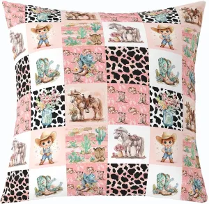 Feelyou Kids Cartoon Cowgirl Pillow Covers Western Cowboy Pillow Covers for Boys Girls Cowboy Boots Hats Throw Pillow Covers Cowhide Cushion Covers for Couch Sofa 24 x 24-Inch