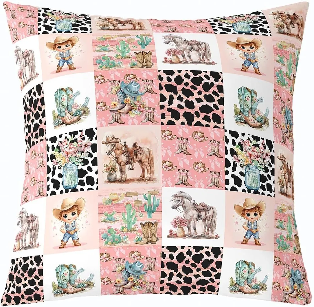 Feelyou Kids Cartoon Cowgirl Pillow Covers Western Cowboy Pillow Covers for Boys Girls Cowboy Boots Hats Throw Pillow Covers Cowhide Cushion Covers for Couch Sofa 24 x 24-Inch