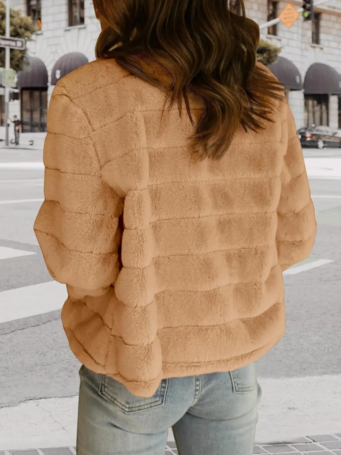 Fisoew Womens Cropped Faux Fur Jackets Long Sleeve Open Front Fluffy Short Coats