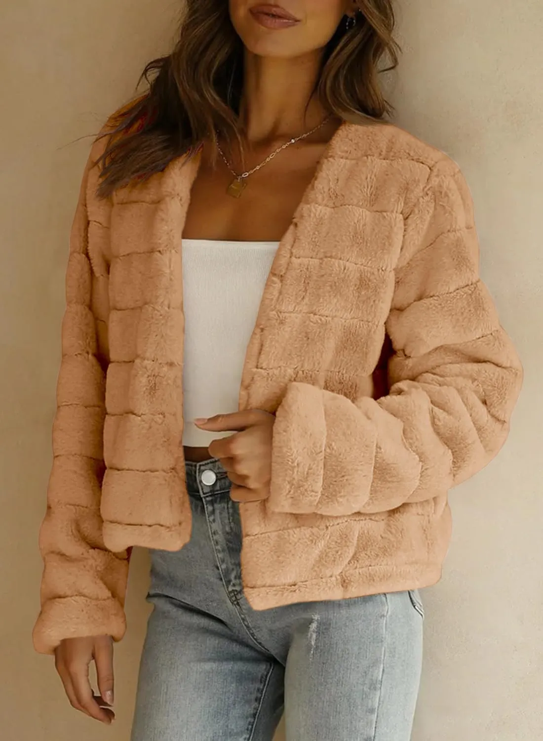 Fisoew Womens Cropped Faux Fur Jackets Long Sleeve Open Front Fluffy Short Coats