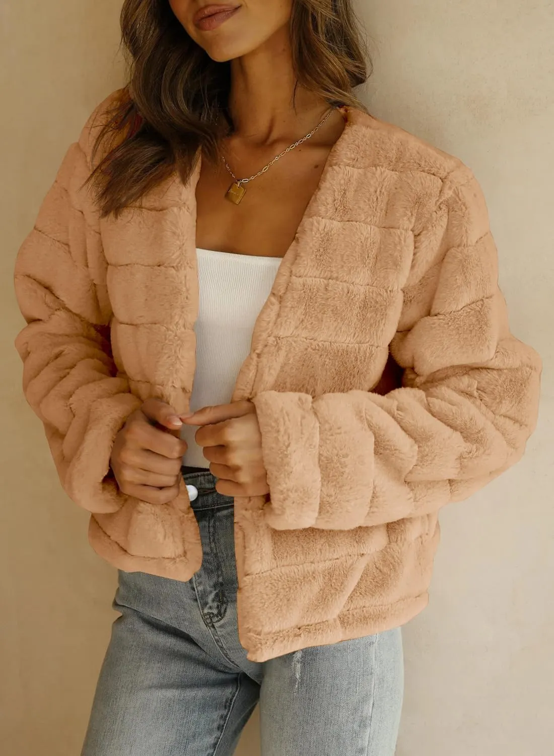 Fisoew Womens Cropped Faux Fur Jackets Long Sleeve Open Front Fluffy Short Coats