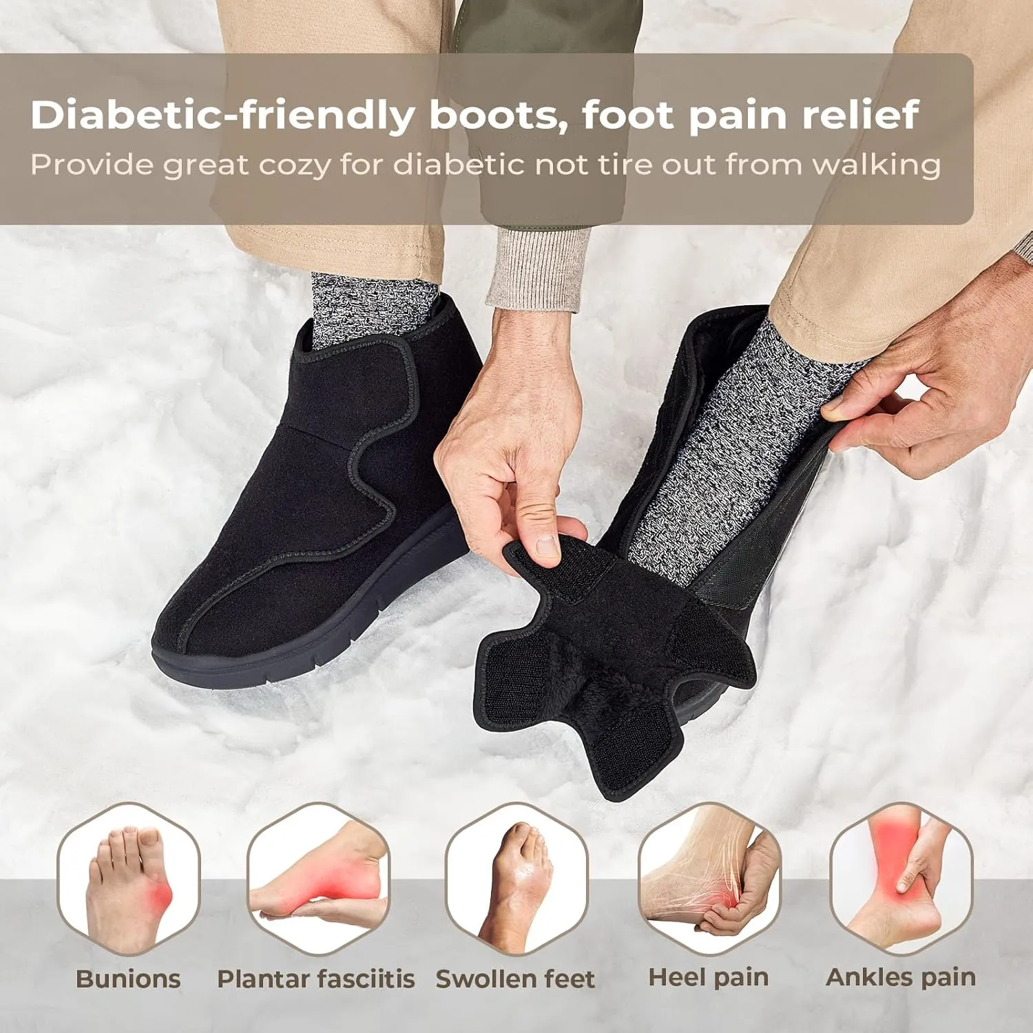 FitVille Diabetic Winter Boots for Men Fully Adjustable Straps Men Snow Boots Wide Neuropathy with Warm Fur Lining