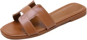 Flat Slide Sandals for Women's Non Slip Comfortable 2025 Summer Dressy Slippers Non Slip Comfortable Leather Slippers Cute Open Toe Shoes