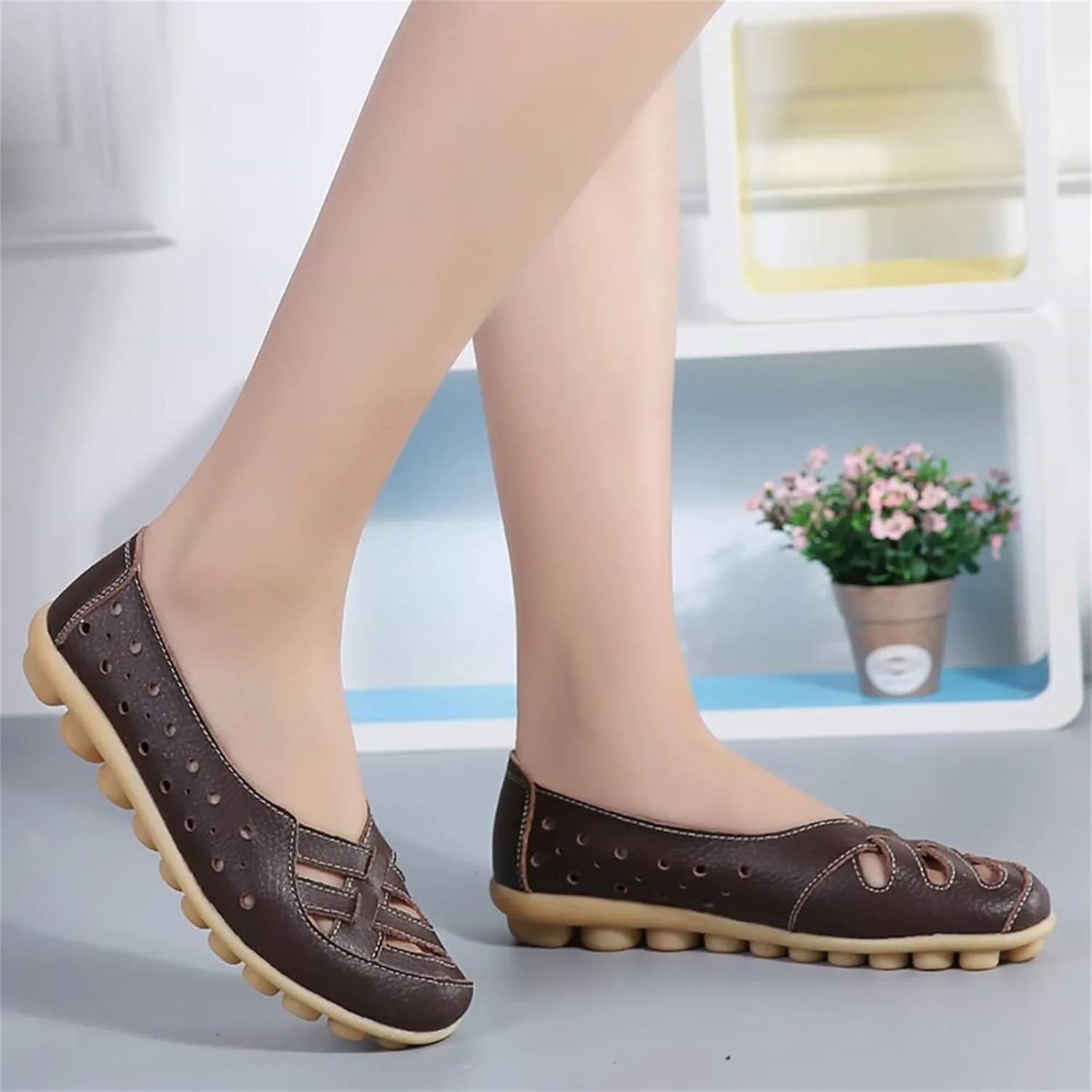 Flats for Women Comfort Loafers Breathable Closed Toe Sandals Leather Hollow Soft Summer Slip on Shoes Walking Office Driving Fashion Shoes