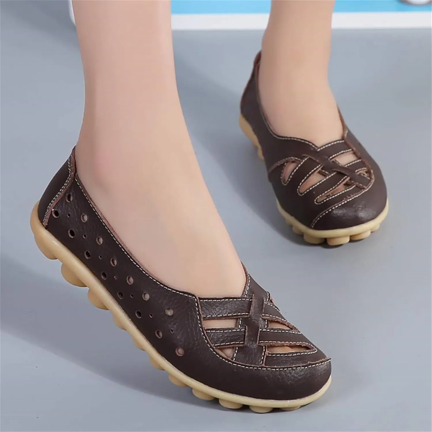 Flats for Women Comfort Loafers Breathable Closed Toe Sandals Leather Hollow Soft Summer Slip on Shoes Walking Office Driving Fashion Shoes
