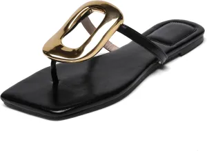 Flip-Flops Sandals for Women Comfortable Open Square Toe Slip on Beach Thong Sandals Casual Fashion Ladies Slipper Dressy Metal Decoration Summer Shoes.