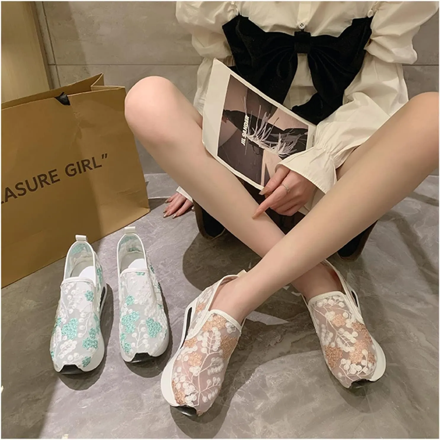 Floral Embroidery Breathable Sheer Mesh Sneakers for Women, Fashion Sequin Breathable Mesh Slip on Platform Sneakers