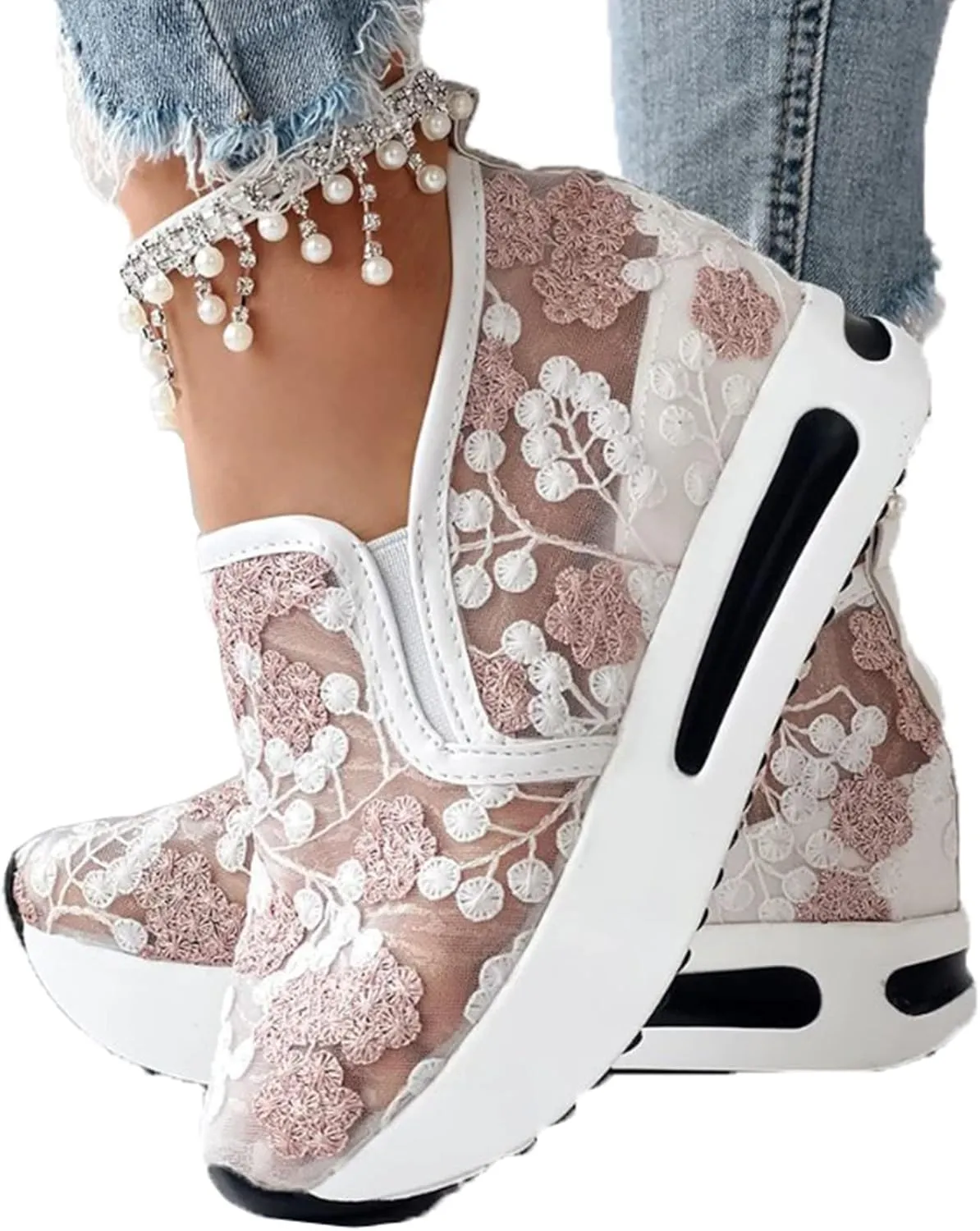 Floral Embroidery Breathable Sheer Mesh Sneakers for Women, Fashion Sequin Breathable Mesh Slip on Platform Sneakers