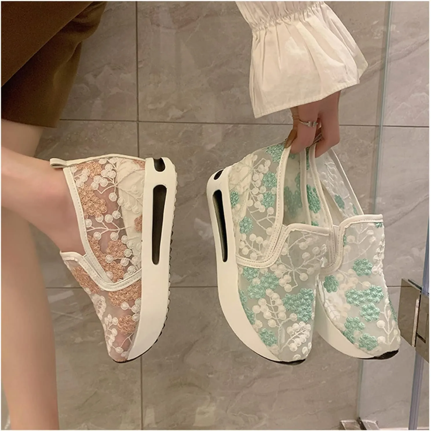 Floral Embroidery Breathable Sheer Mesh Sneakers for Women, Fashion Sequin Breathable Mesh Slip on Platform Sneakers