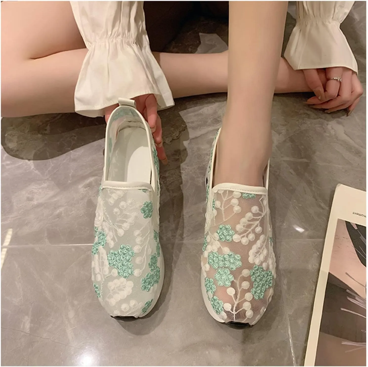 Floral Embroidery Breathable Sheer Mesh Sneakers for Women, Fashion Sequin Breathable Mesh Slip on Platform Sneakers